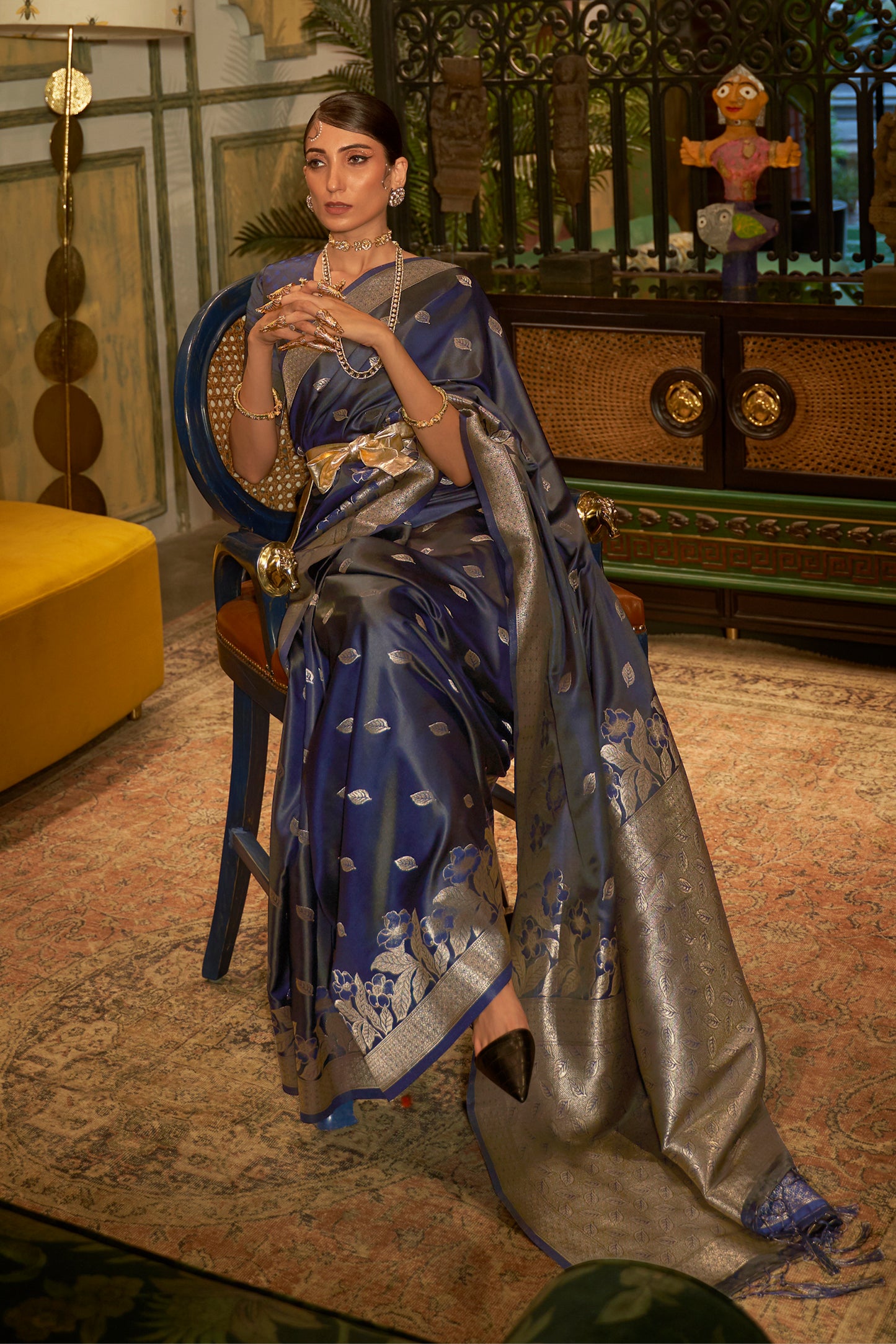 Space Blue Floral Banarasi Silk Saree with Designer Blouse for Women