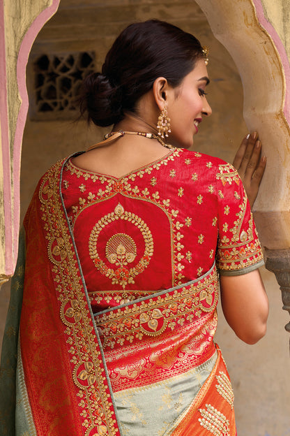 Grey Red  Dola Silk Big Bordered Designer Saree with Embroidered Blouse