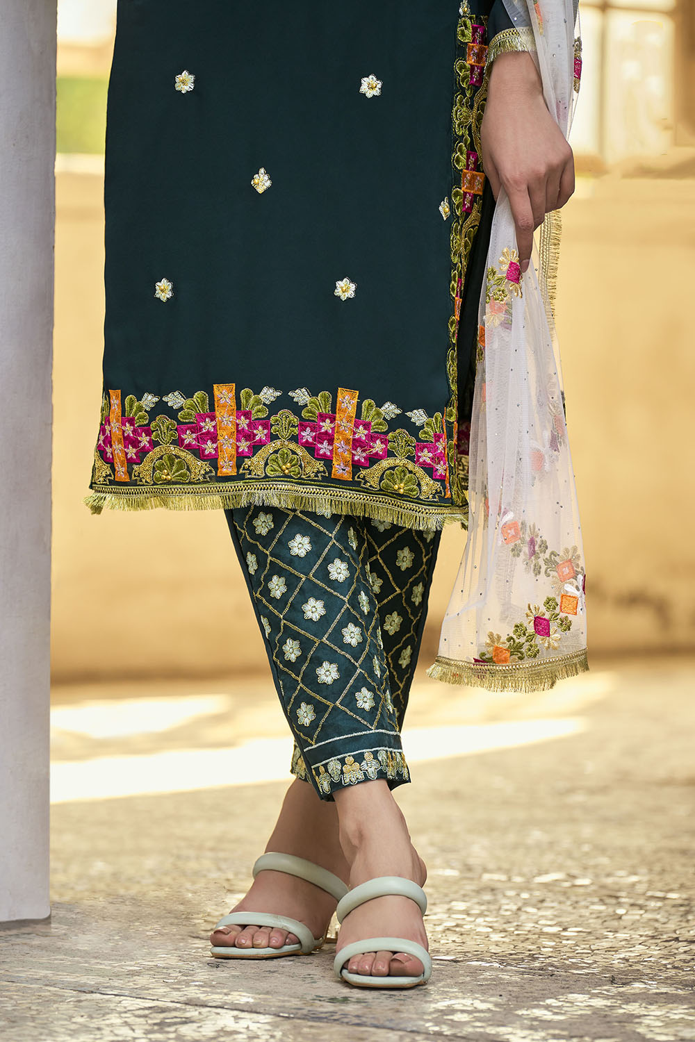 Dark Green Lucknowi Inspired Salwar Suit with Dupatta