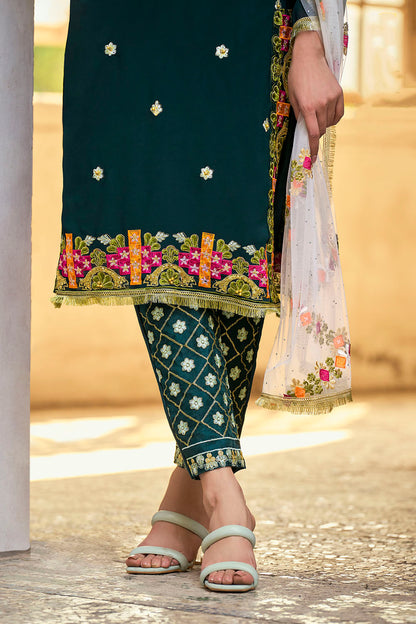 Dark Green Lucknowi Inspired Salwar Suit with Dupatta