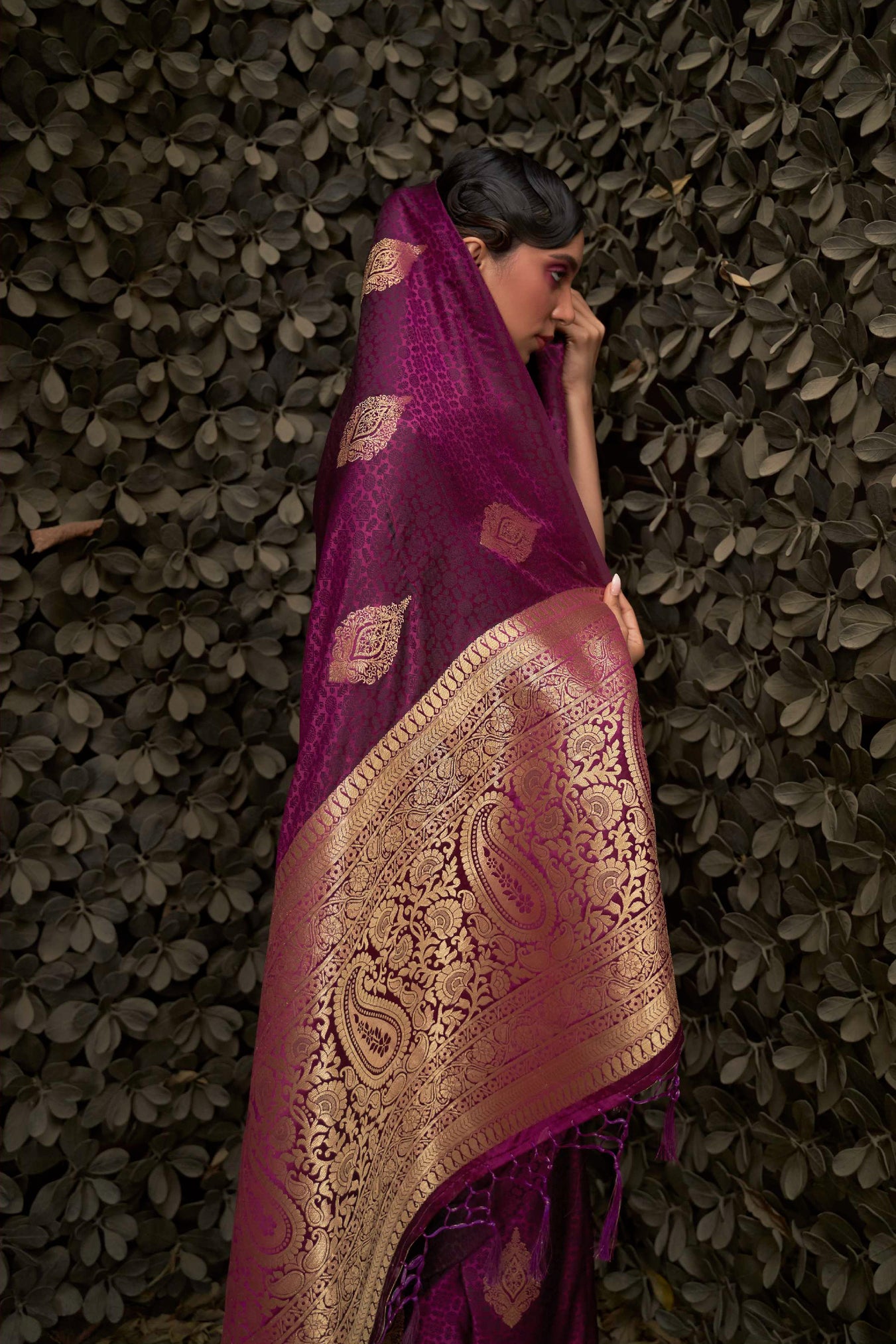 Wine Purple Kanjivaram Style Woven Silk Saree