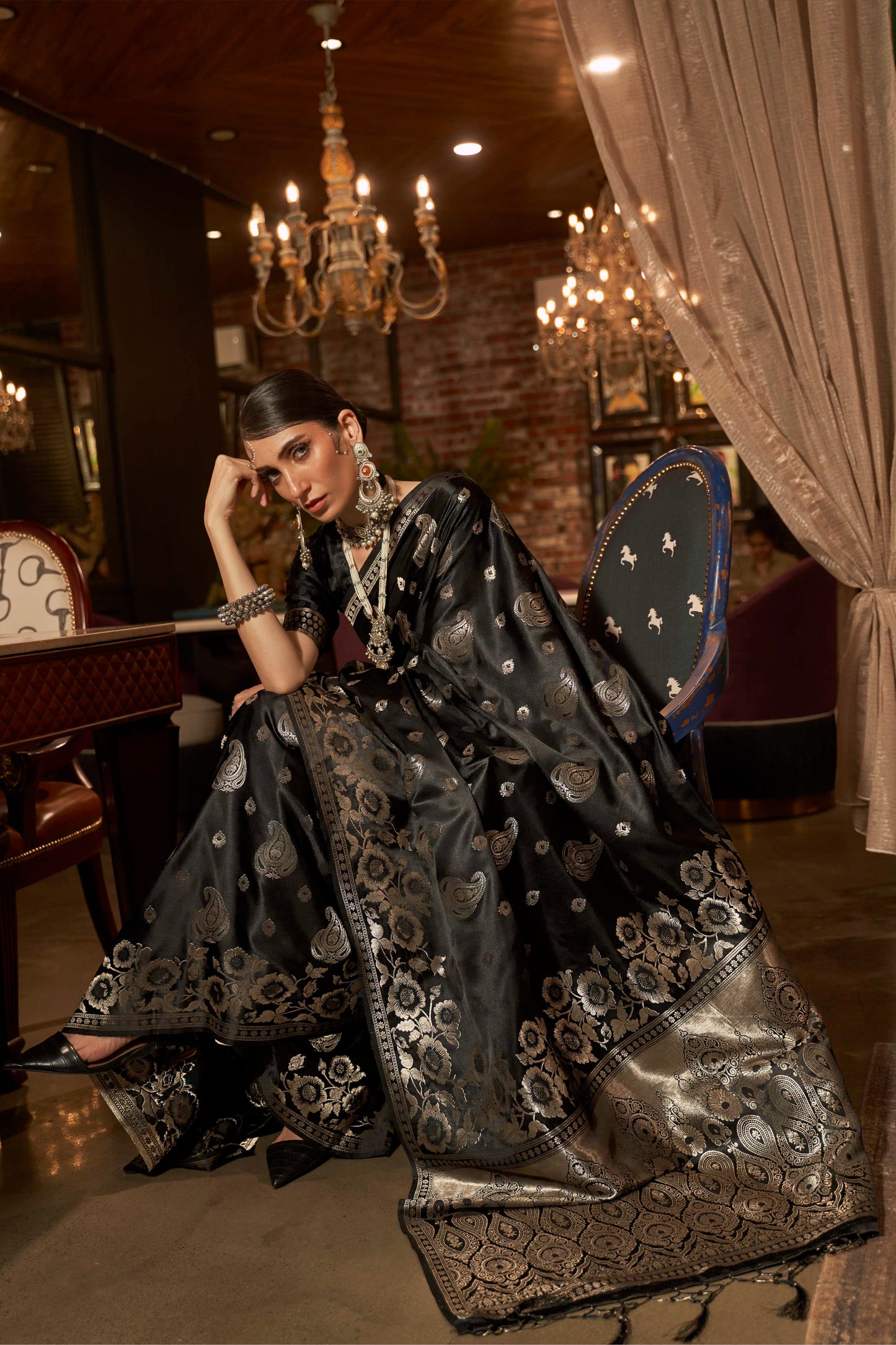 Black Kanjivaram Style Soft Silk Designer Saree