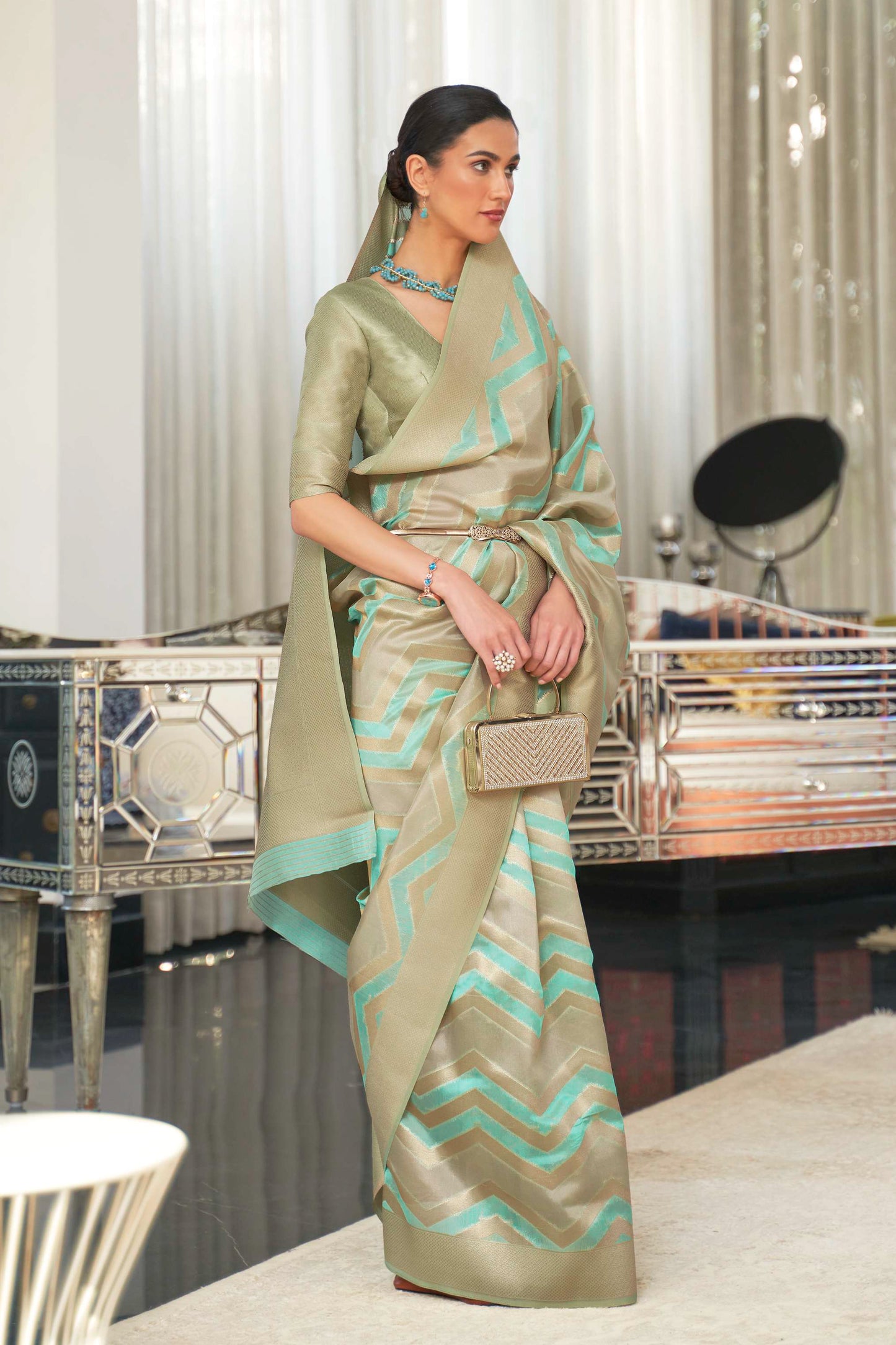 Sage Green Golden Soft Banarasi Organza Silk Saree with Blouse