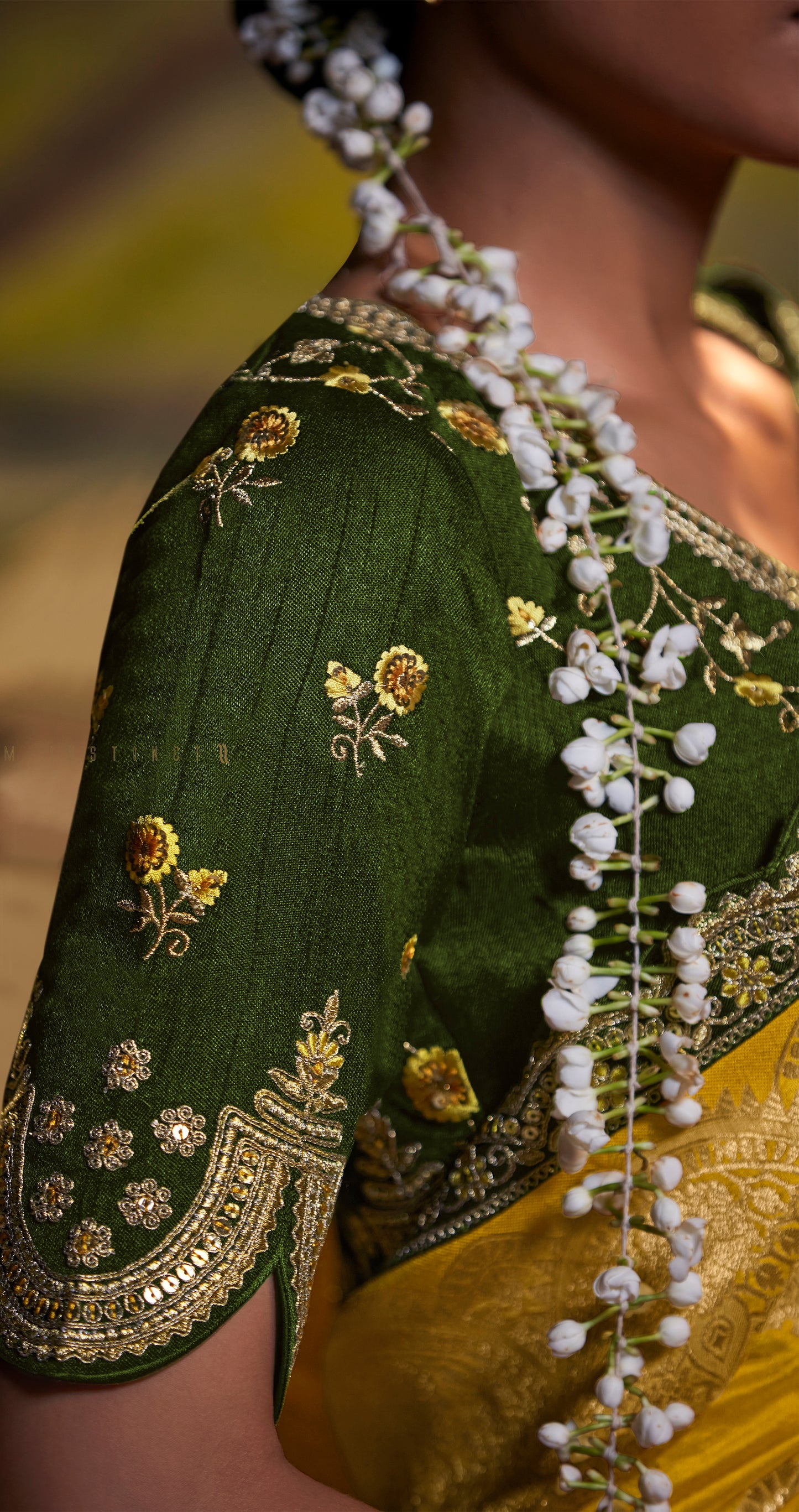 Bright Yellow Woven Banarasi Designer Saree with Henna Green Blouse