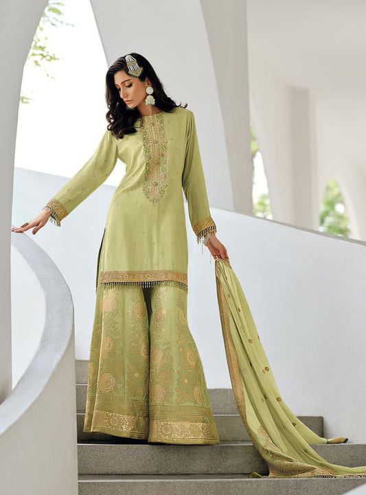 Light Green Embroidered Sharara Suit with Organza Embroidered Dupatta