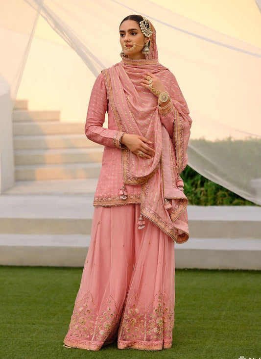 Cupcake Pink Designer Embroidered Suit with Pants and Dupatta