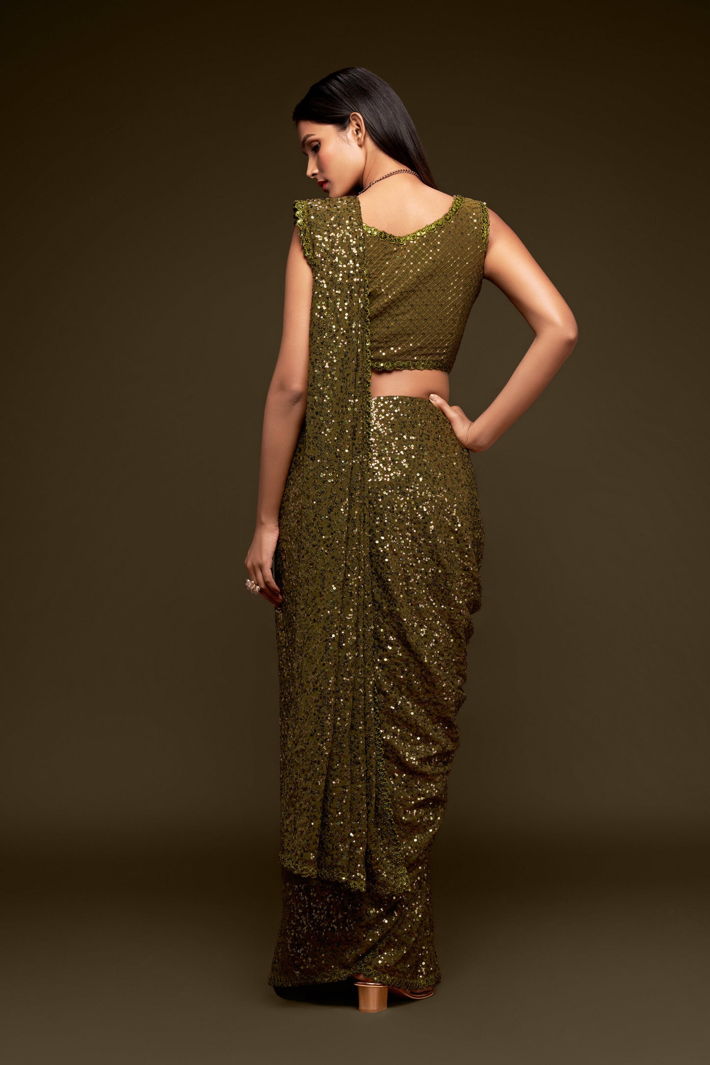 Army Green Sequin emblished Designer Sparkling Georgette Saree Bloue for Every Occassions