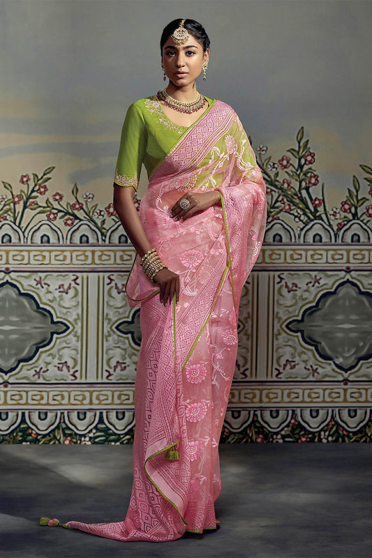 French Pink with Green Light Woven Floral  Soft Brasso Silk Saree for Woman