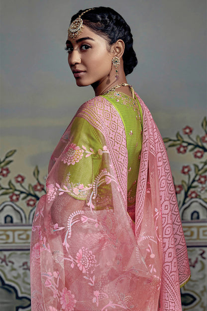 French Pink with Green Light Woven Floral  Soft Brasso Silk Saree for Woman