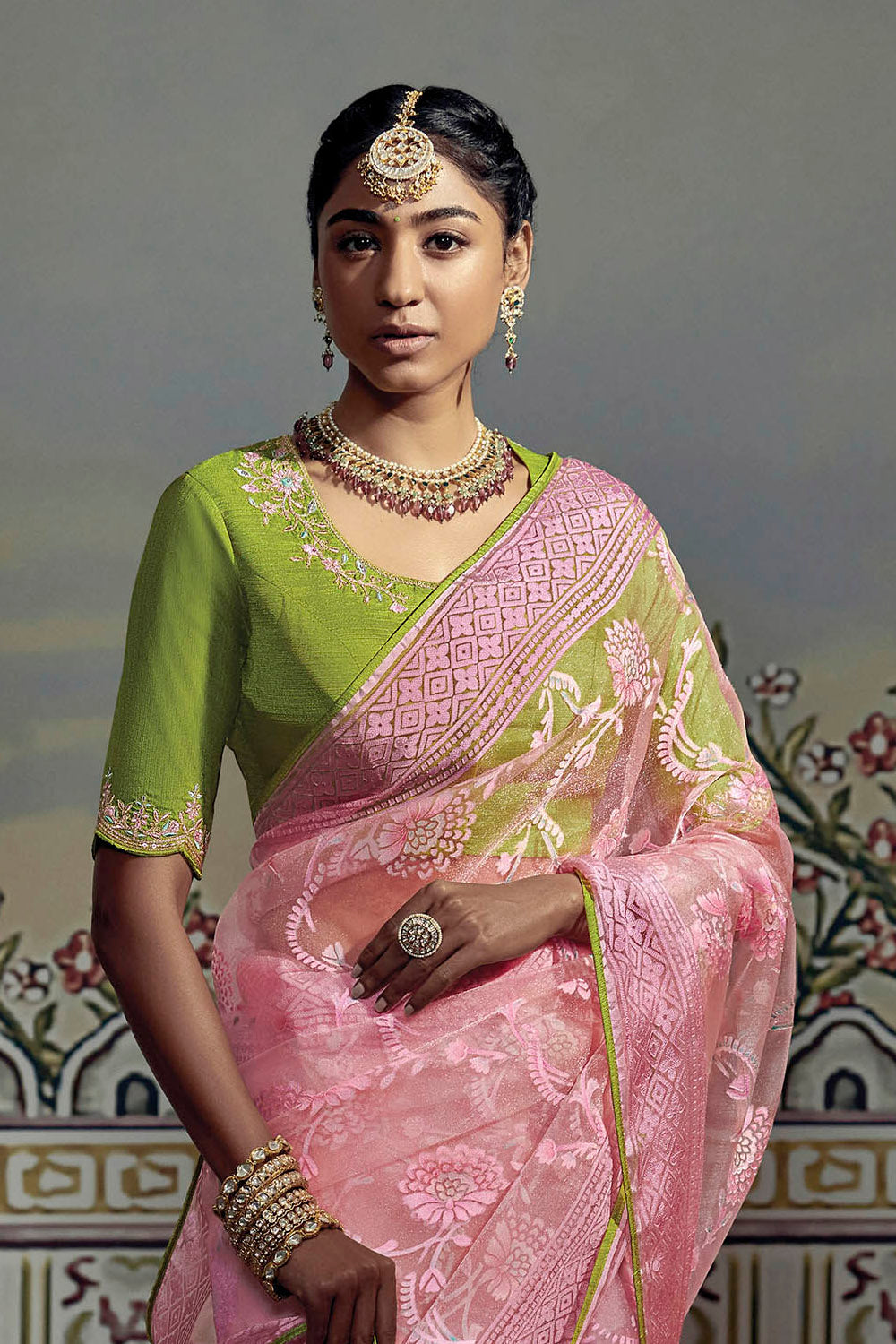 French Pink with Green Light Woven Floral  Soft Brasso Silk Saree for Woman