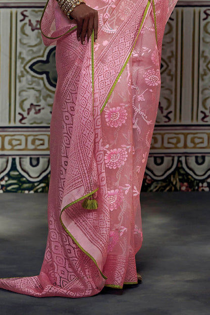 French Pink with Green Light Woven Floral  Soft Brasso Silk Saree for Woman