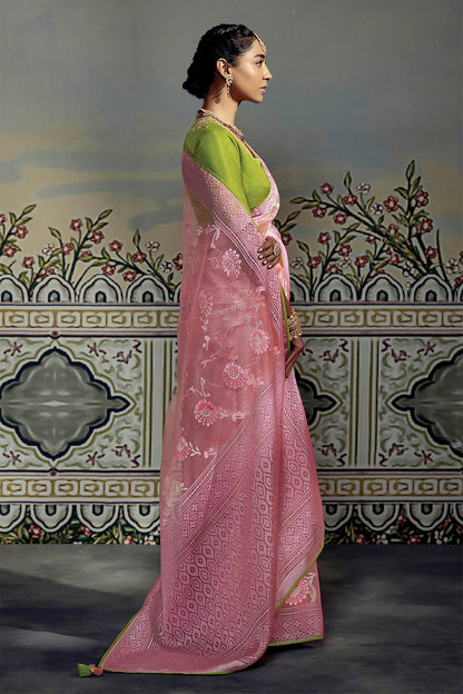 French Pink with Green Light Woven Floral  Soft Brasso Silk Saree for Woman