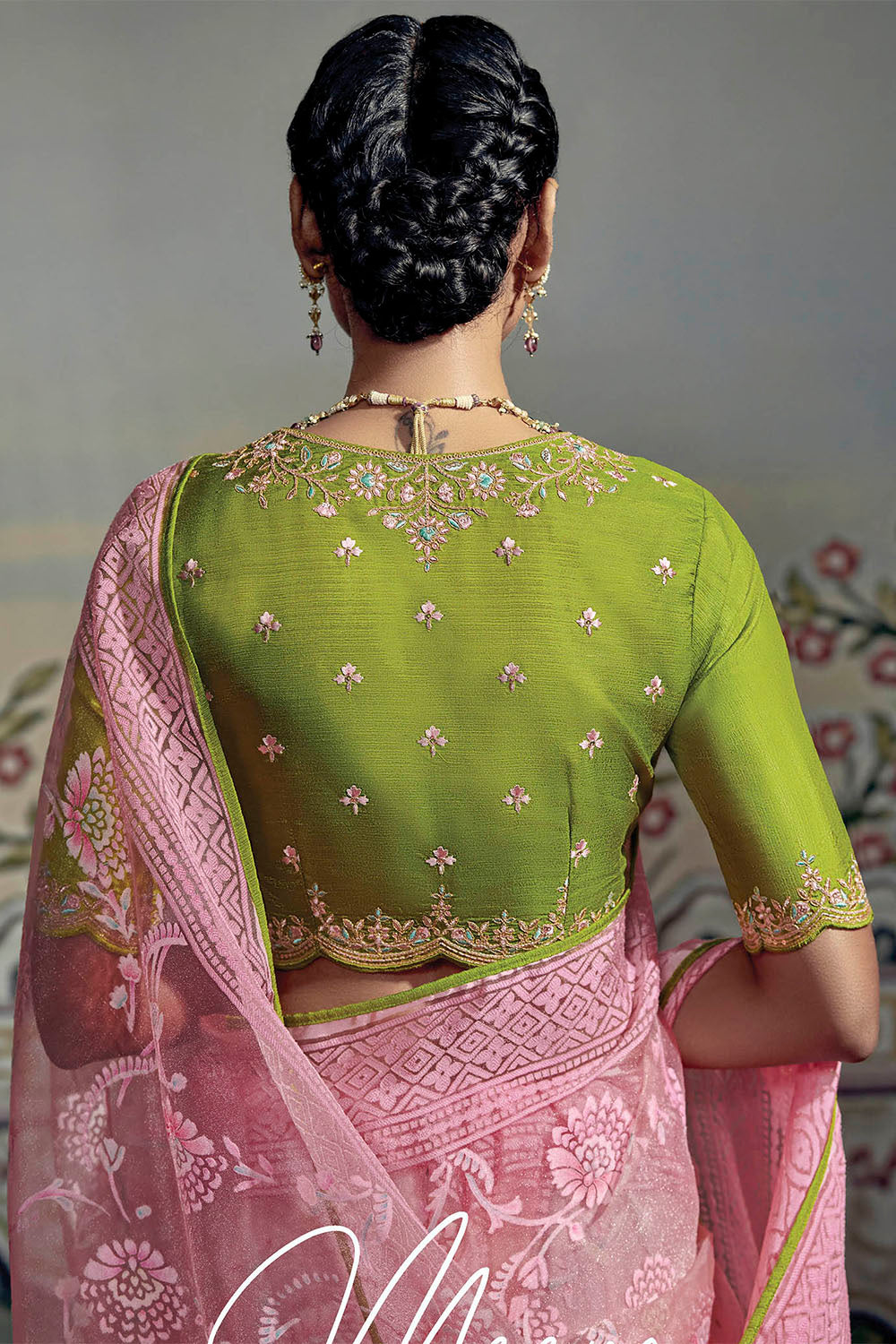 French Pink with Green Light Woven Floral  Soft Brasso Silk Saree for Woman