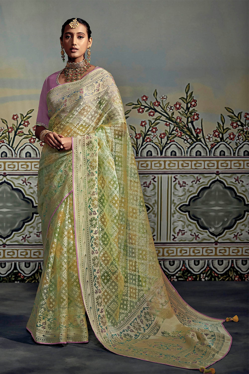 Light Green with Yellow Soft Brasso Silk Saree and Lilac Blouse