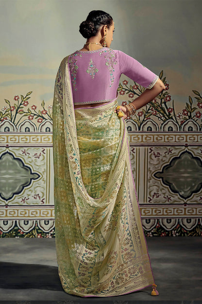 Light Green with Yellow Soft Brasso Silk Saree and Lilac Blouse