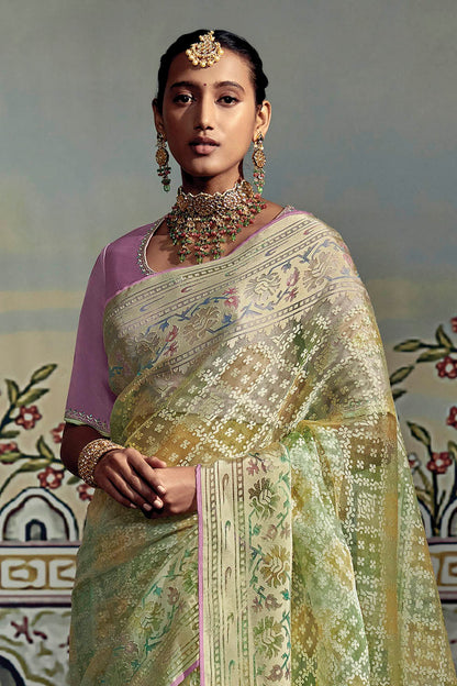 Light Green with Yellow Soft Brasso Silk Saree and Lilac Blouse