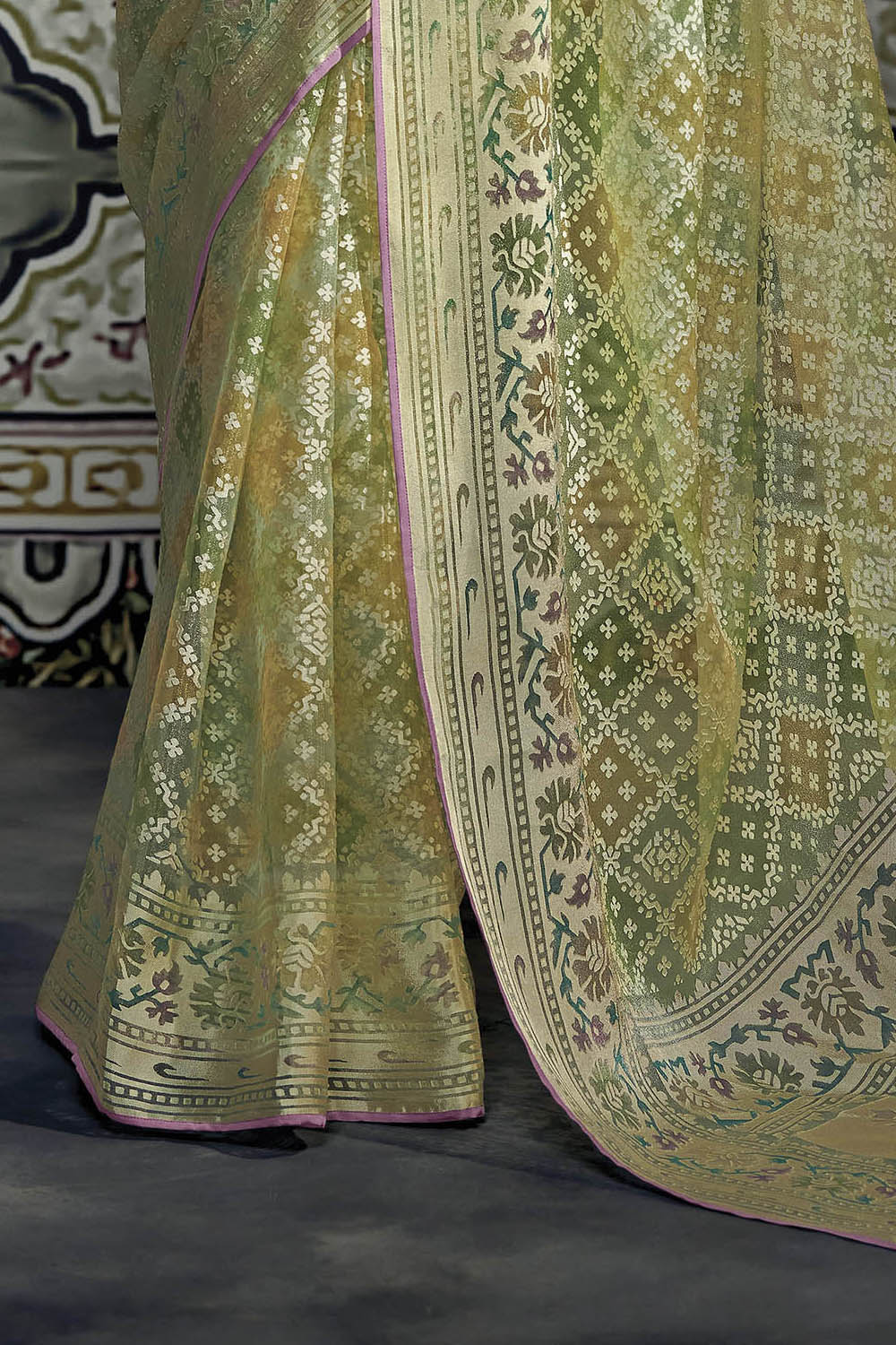 Light Green with Yellow Soft Brasso Silk Saree and Lilac Blouse