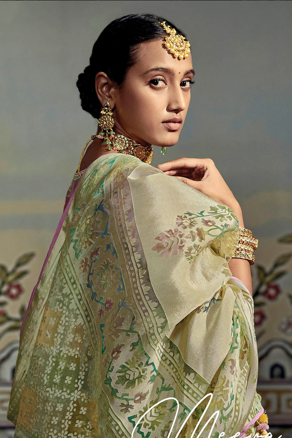 Light Green with Yellow Soft Brasso Silk Saree and Lilac Blouse