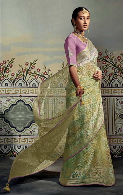 Light Green with Yellow Soft Brasso Silk Saree and Lilac Blouse