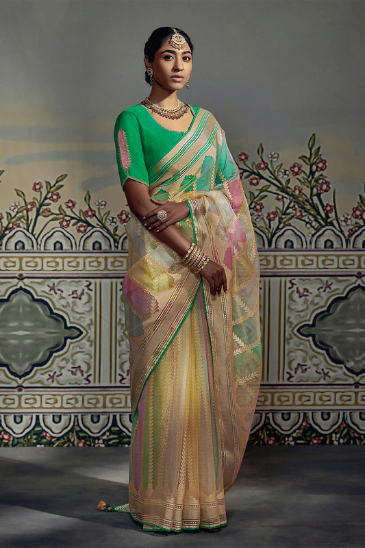 Yellow with Green Banarasi Rangkaat Saree in Soft Brasso Silk