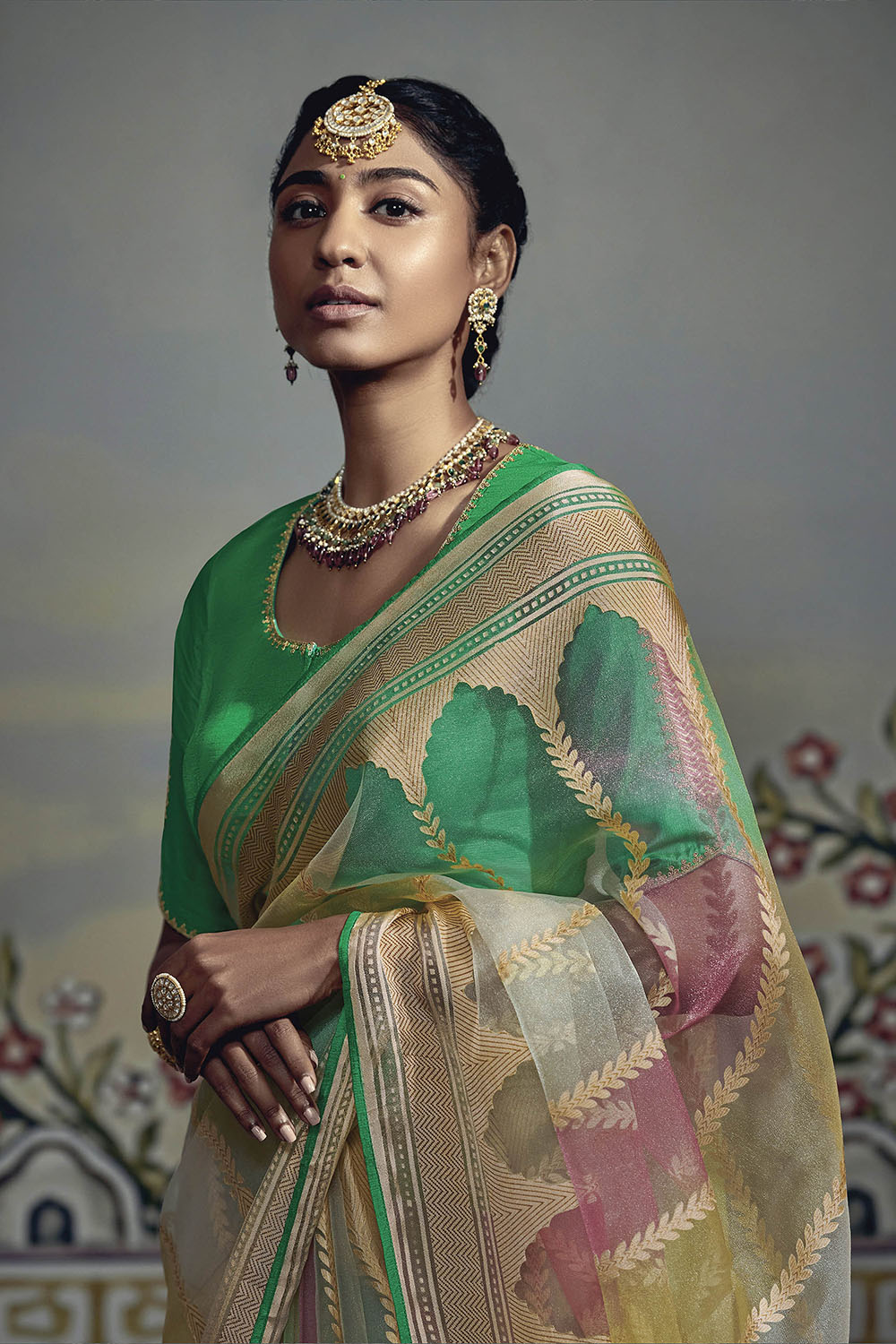 Yellow with Green Banarasi Rangkaat Saree in Soft Brasso Silk