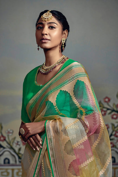 Yellow with Green Banarasi Rangkaat Saree in Soft Brasso Silk