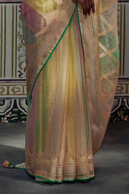 Yellow with Green Banarasi Rangkaat Saree in Soft Brasso Silk