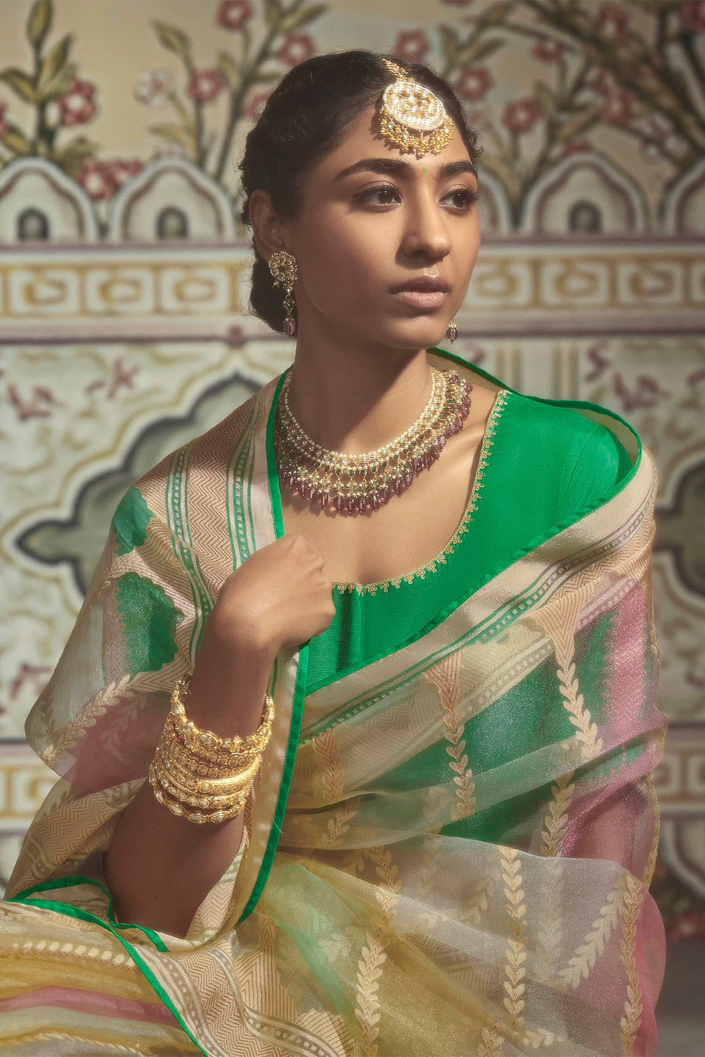 Yellow with Green Banarasi Rangkaat Saree in Soft Brasso Silk