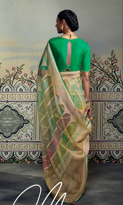 Yellow with Green Banarasi Rangkaat Saree in Soft Brasso Silk