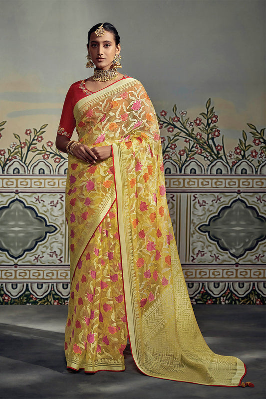 Mild Yellow Soft Banarasi Brasso Silk Saree with Red Blouse