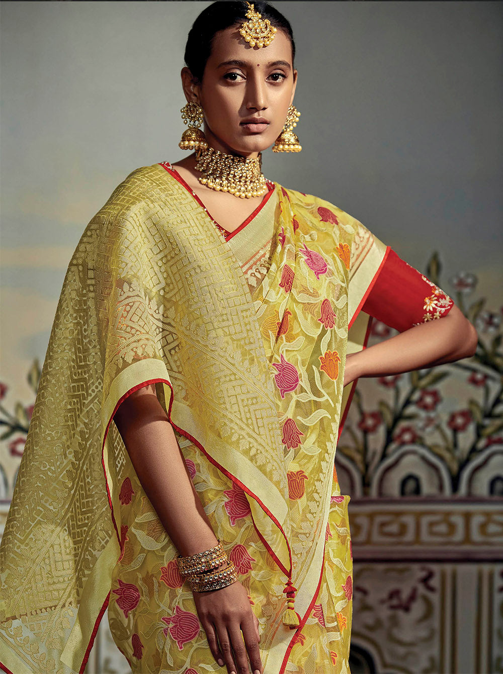 Mild Yellow Soft Banarasi Brasso Silk Saree with Red Blouse