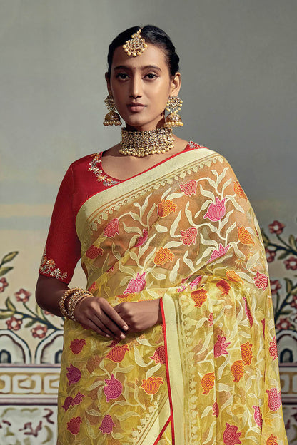 Mild Yellow Soft Banarasi Brasso Silk Saree with Red Blouse