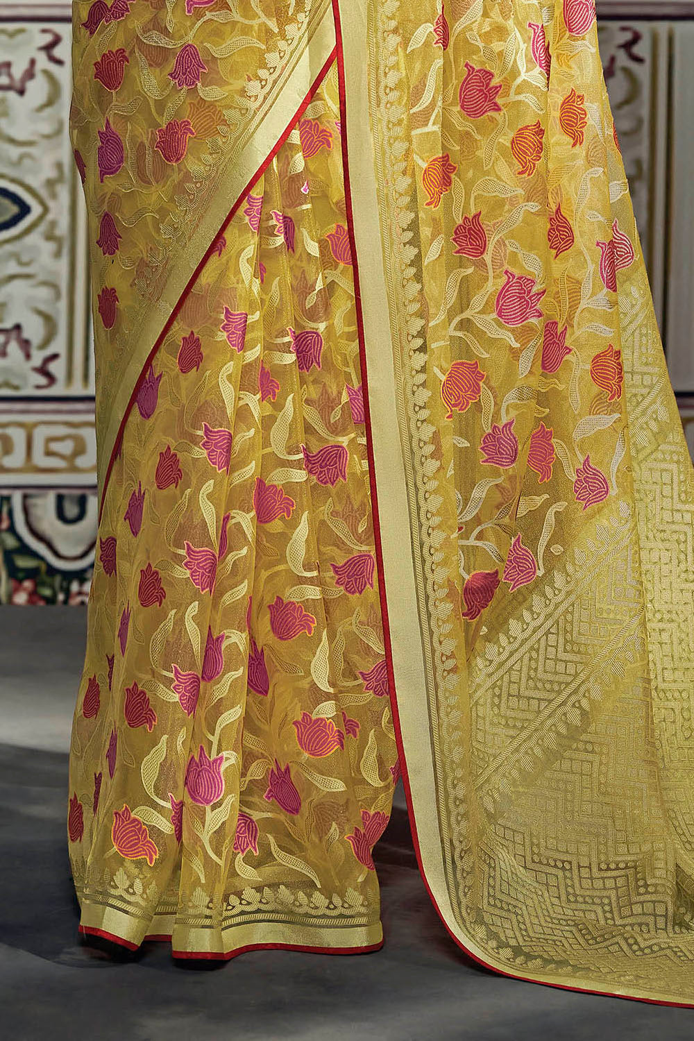 Mild Yellow Soft Banarasi Brasso Silk Saree with Red Blouse