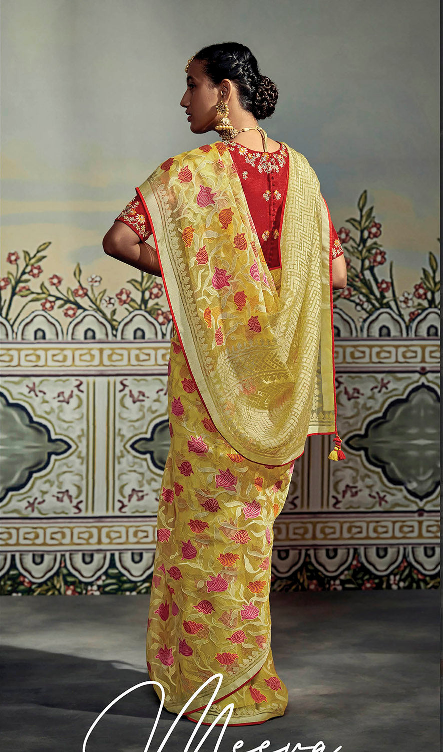 Mild Yellow Soft Banarasi Brasso Silk Saree with Red Blouse