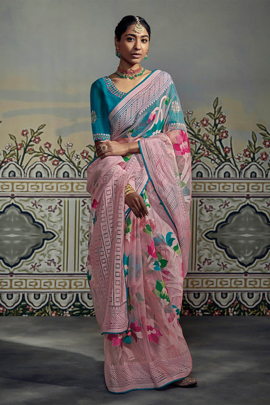 Lavender Pink Soft Floral Brasso Silk Saree with Turquoise Blouse