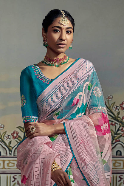 Lavender Pink Soft Floral Brasso Silk Saree with Turquoise Blouse