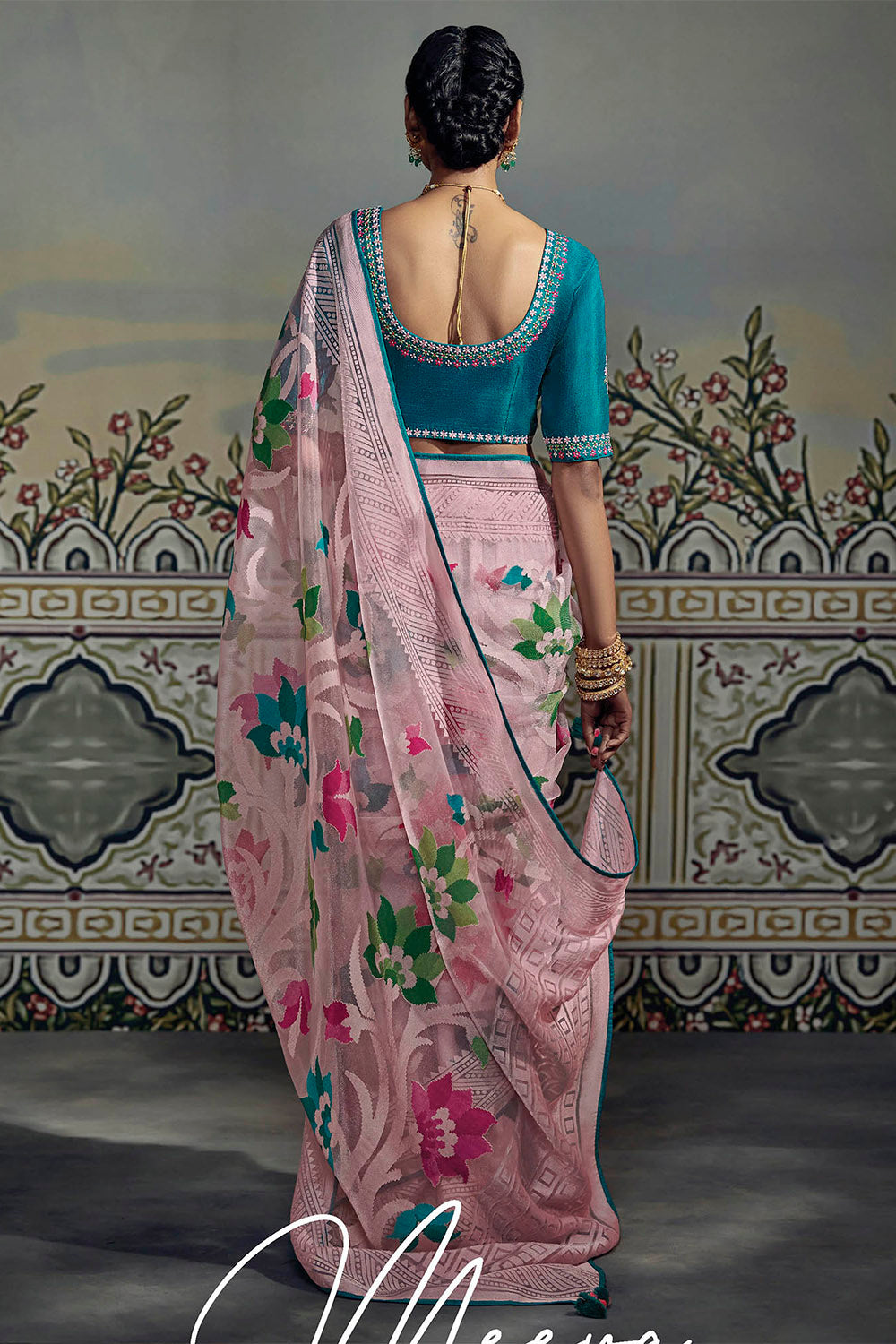Lavender Pink Soft Floral Brasso Silk Saree with Turquoise Blouse