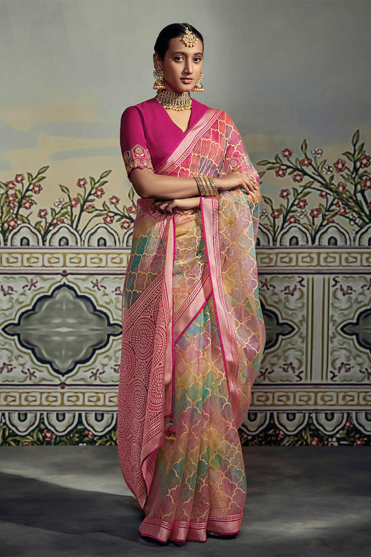 Multicolored Rangkaat Designer Brasso Saree with Magenta Pink Saree