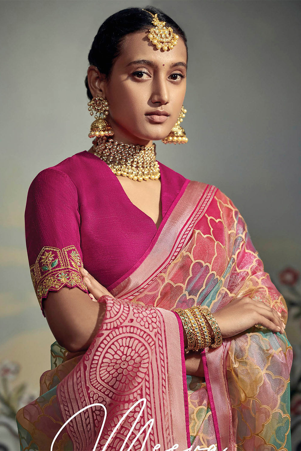 Multicolored Rangkaat Designer Brasso Saree with Magenta Pink Saree