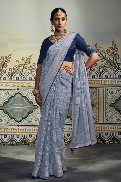 Greyish Blue Soft Brasso Silk Saree with Navy Blue Blouse