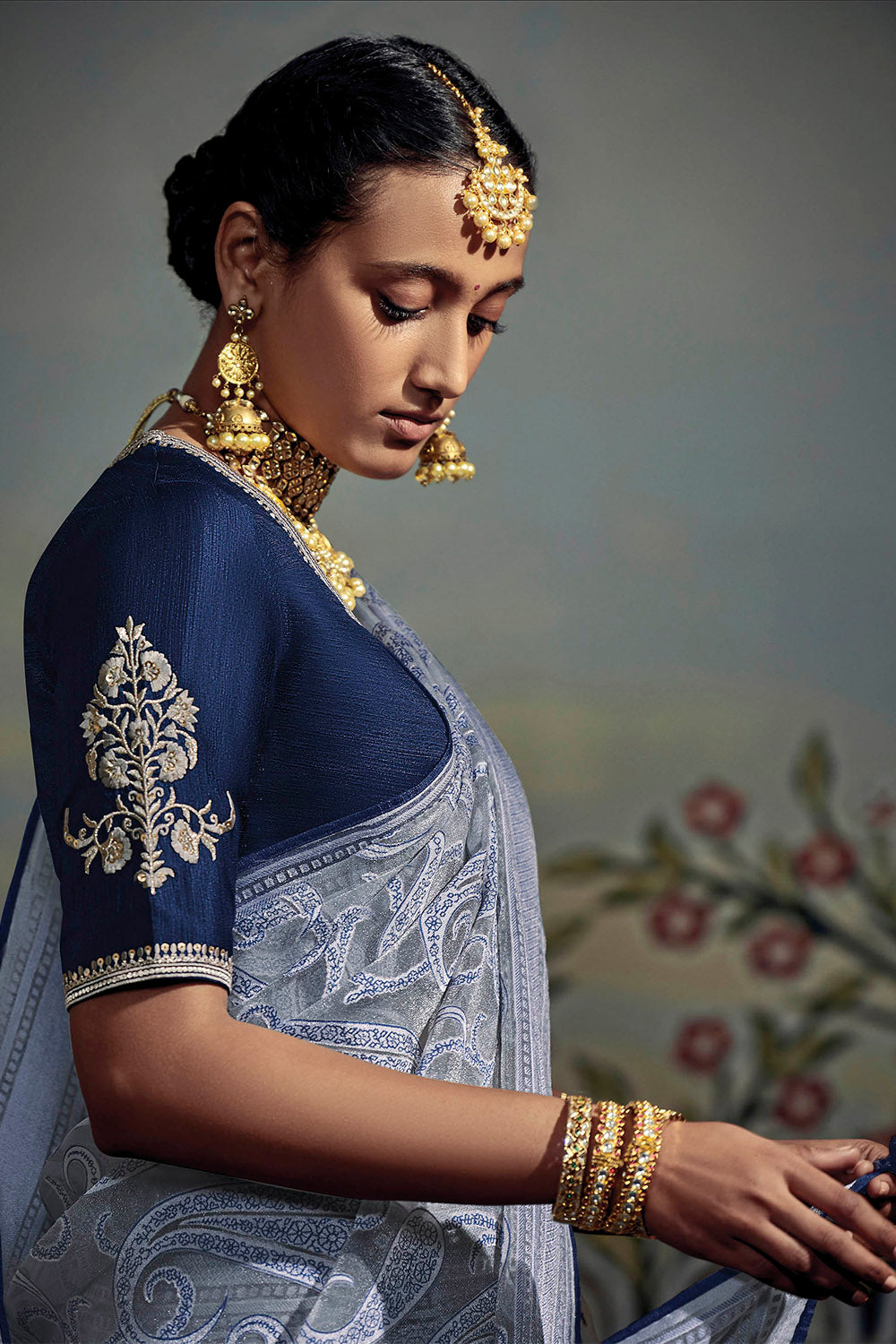 Greyish Blue Soft Brasso Silk Saree with Navy Blue Blouse