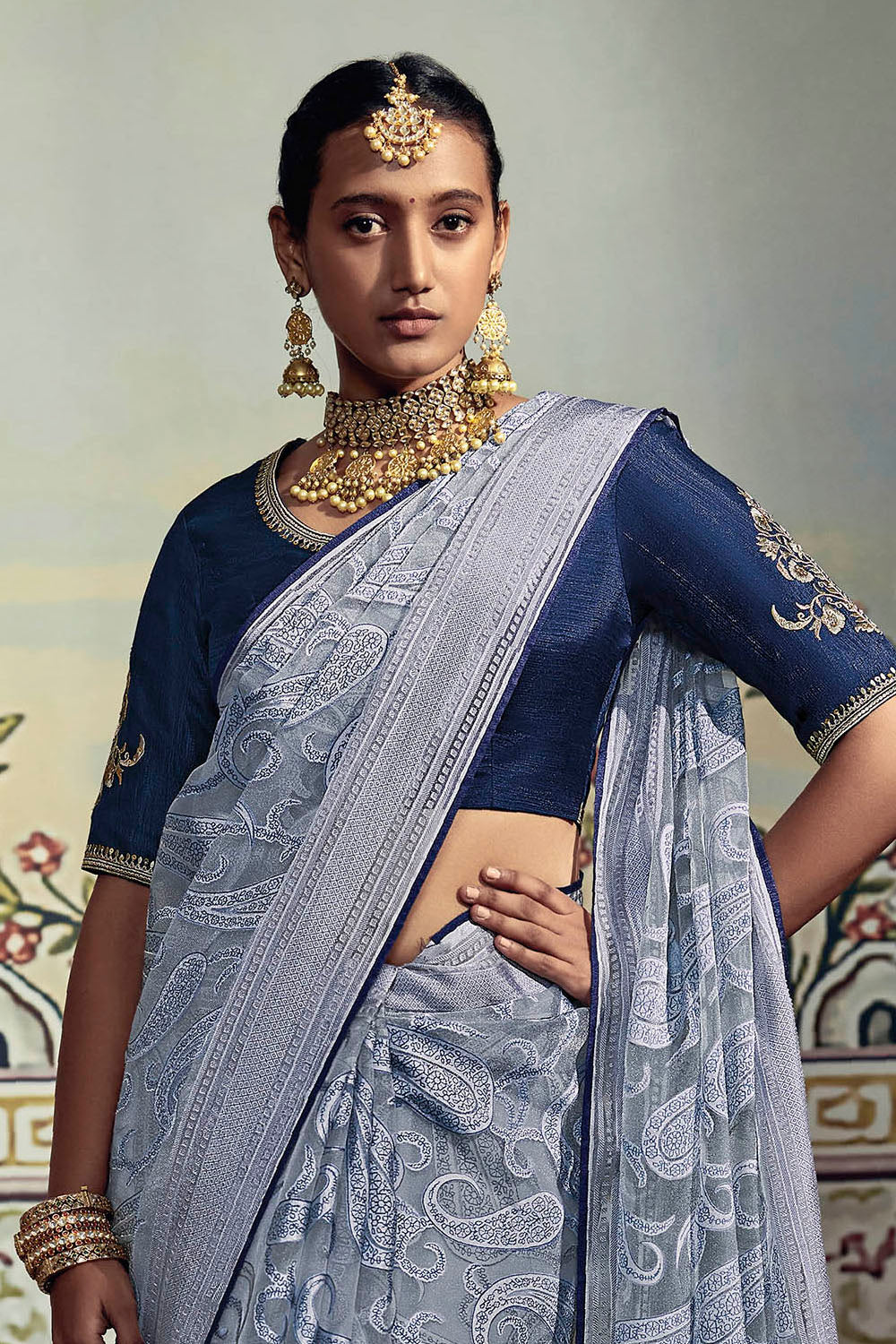 Greyish Blue Soft Brasso Silk Saree with Navy Blue Blouse