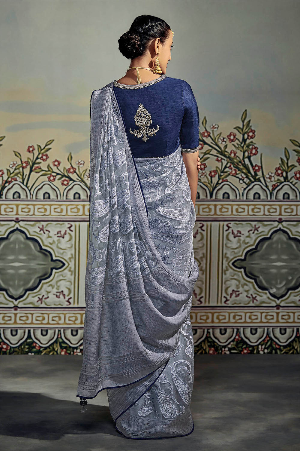 Greyish Blue Soft Brasso Silk Saree with Navy Blue Blouse