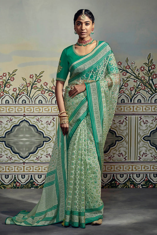 Light Green Soft Banarasi Brasso Silk Saree with Dark Green Blouse