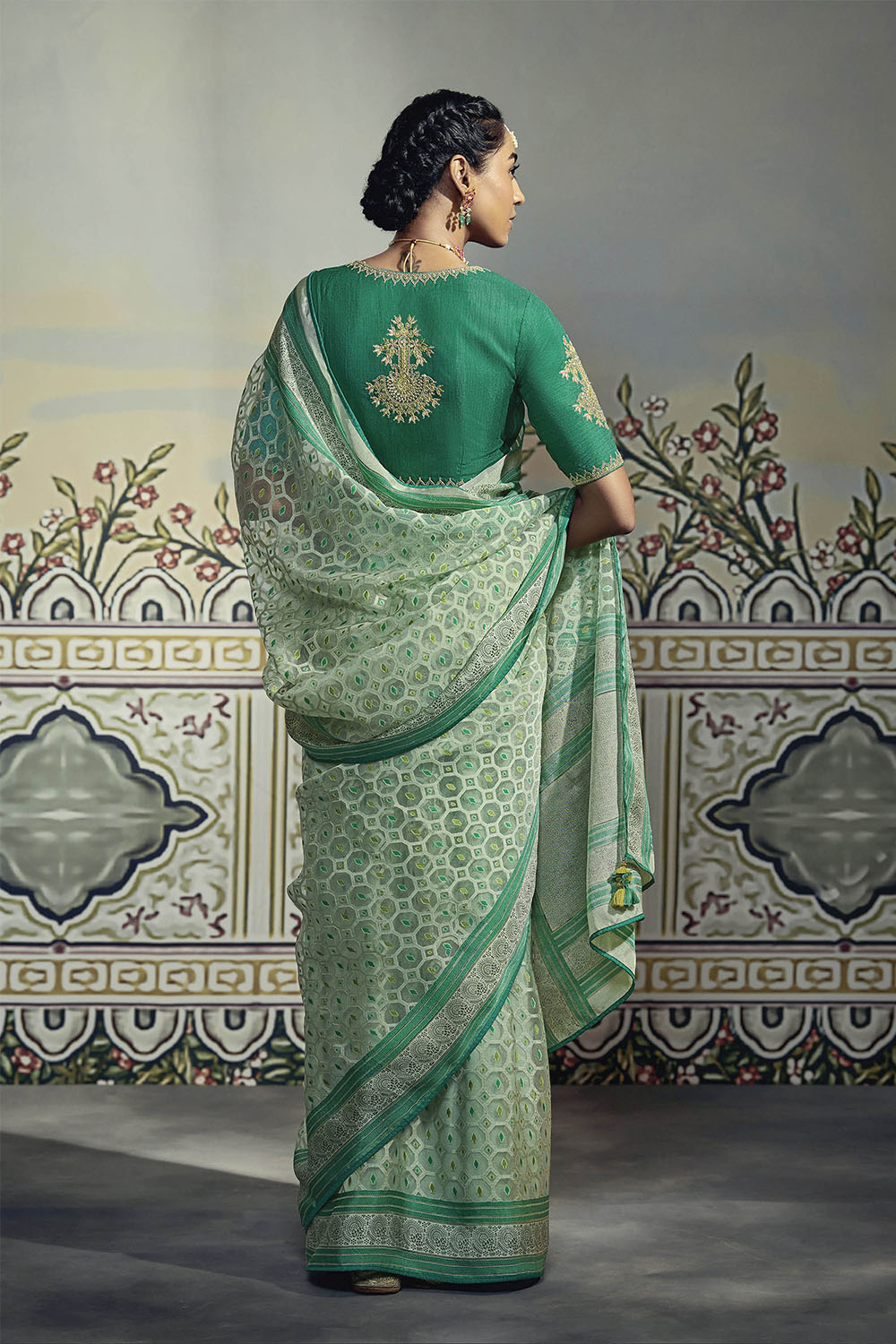 Light Green Soft Banarasi Brasso Silk Saree with Dark Green Blouse