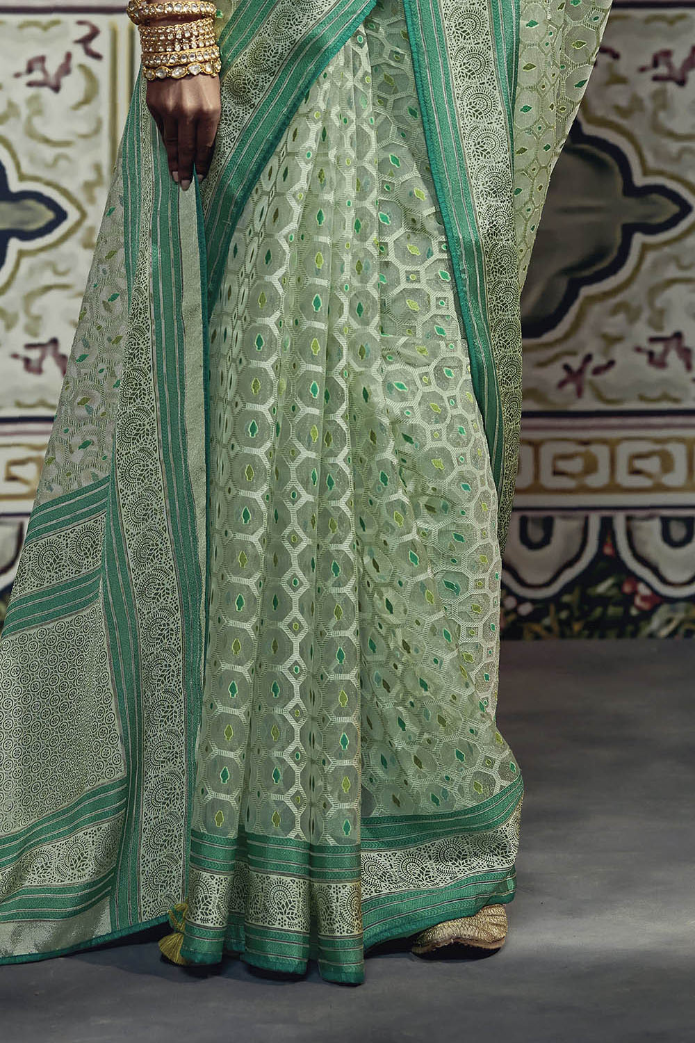 Light Green Soft Banarasi Brasso Silk Saree with Dark Green Blouse