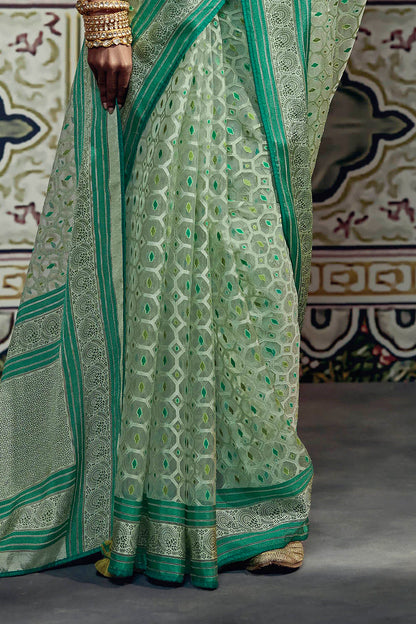 Light Green Soft Banarasi Brasso Silk Saree with Dark Green Blouse