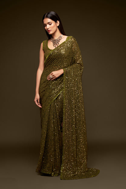 Army Green Sequin emblished Designer Sparkling Georgette Saree Bloue for Every Occassions