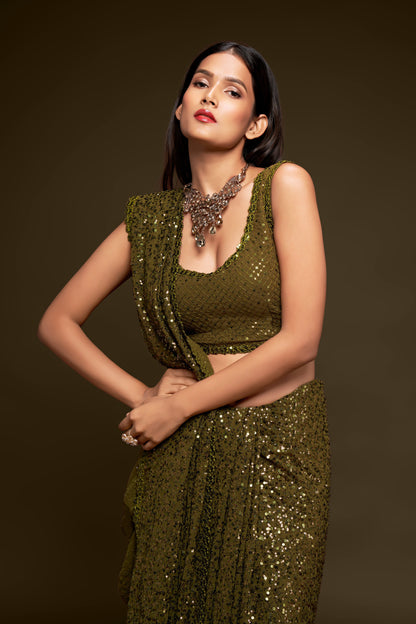 Army Green Sequin emblished Designer Sparkling Georgette Saree Bloue for Every Occassions