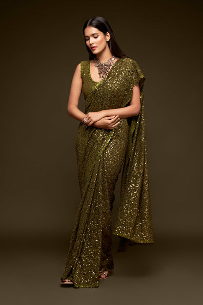 Army Green Sequin emblished Designer Sparkling Georgette Saree Bloue for Every Occassions